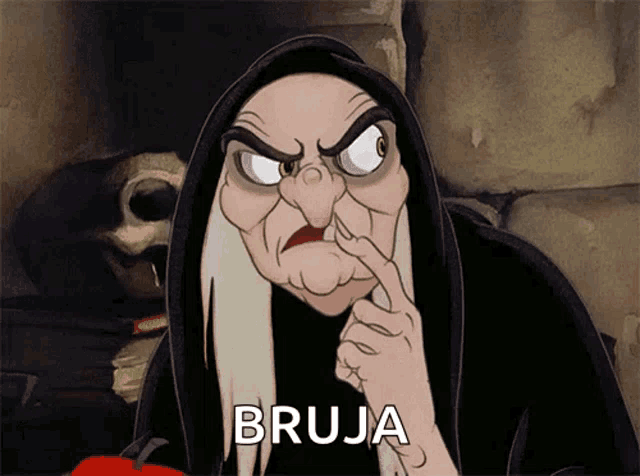 a cartoon of a witch with the word bruja on the bottom