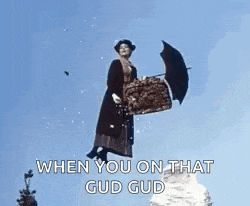 a woman is flying through the air holding an umbrella and a bag .