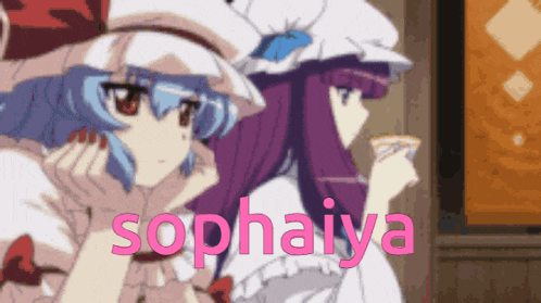 two anime girls are standing next to each other and the word sophiaiya is on the bottom