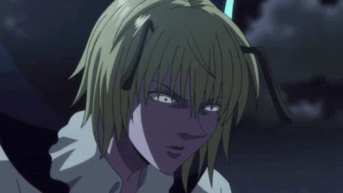 a close up of a cartoon character 's face with a purple eye