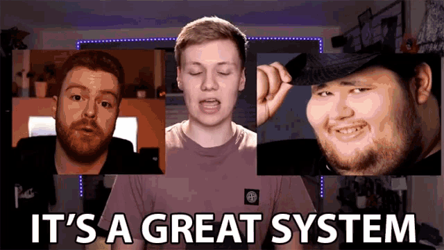 a video of three men with the words it 's a great system at the bottom