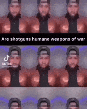 a collage of images of a man with the words `` are shotguns humane weapons of war '' .
