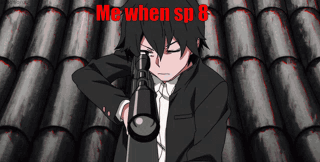 a man in a suit is holding a gun with the words me when sp 6 written above him