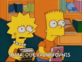 a cartoon of bart simpson and lisa simpson holding books with the caption toma que faltan ovnis