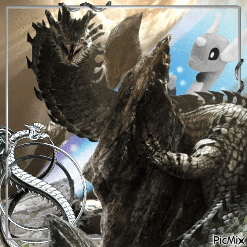 a picture of a dragon and a stuffed animal with picmix written at the bottom