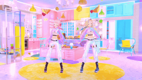 two girls are dancing in a colorful room