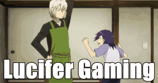 a man in an apron is standing next to a boy in a purple shirt and the words lucifer gaming are above them