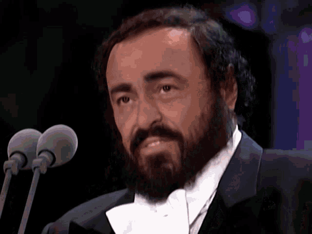 a man with a beard and bow tie is speaking into a microphone