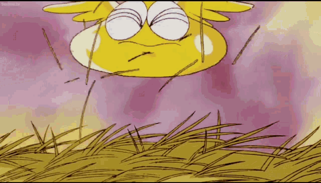 a cartoon character is flying through the air in a field of grass