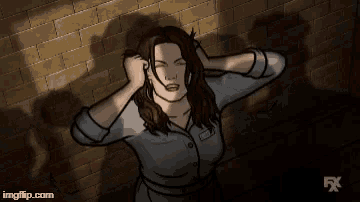 a cartoon woman is standing in front of a brick wall with her hands outstretched .