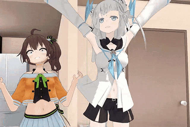 two anime girls are standing next to each other with their arms outstretched in a room