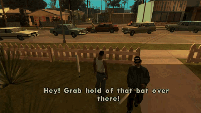 a video game screen shows a man standing in front of a wooden fence and says hey grab hold of that bat over there