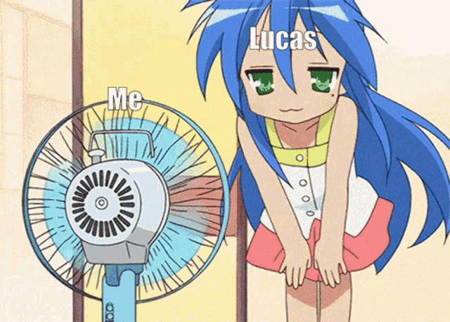 a girl with blue hair is standing in front of a fan with the words " me lucas " on it