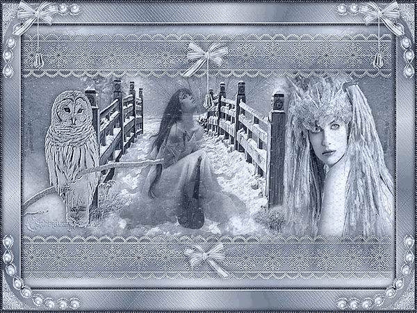 a picture of a woman in a white dress and an owl
