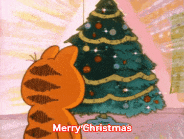 a cartoon of garfield looking at a christmas tree with the words merry christmas below it