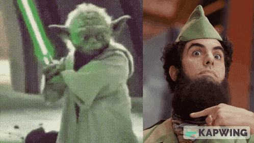 a man with a beard is holding a green light saber next to a picture of yoda from star wars