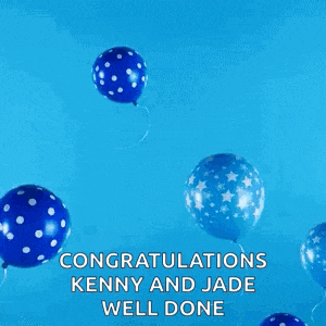 congratulations kenny and jade well done with blue balloons on a blue background