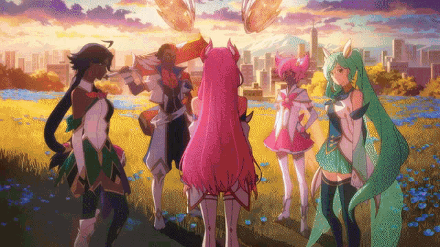 a group of anime characters standing in a field of flowers
