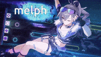 a girl with a ponytail is floating in the air with the word melph above her