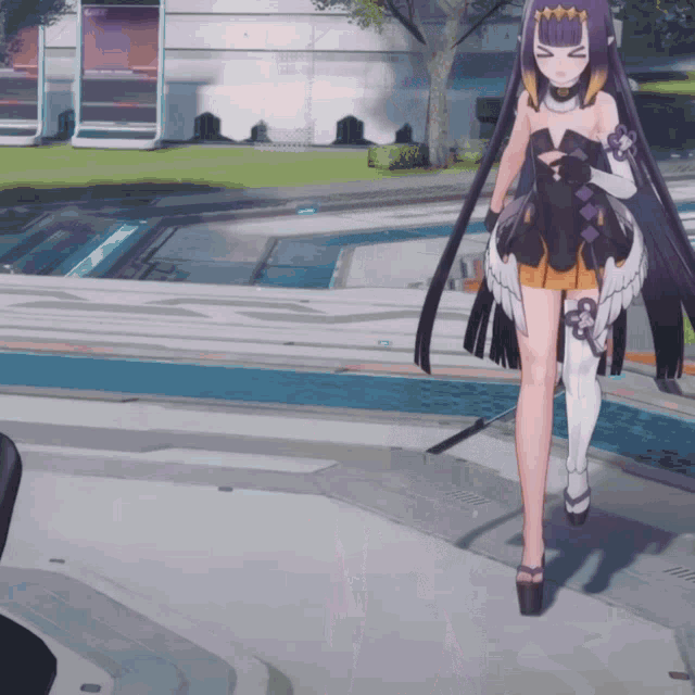 a girl with long purple hair is walking in a video game