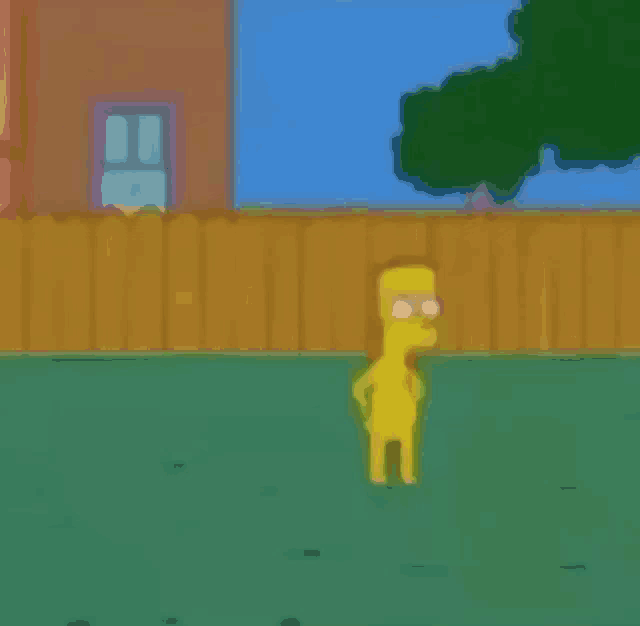 bart simpson from the simpsons is standing in front of a wooden fence in a yard .