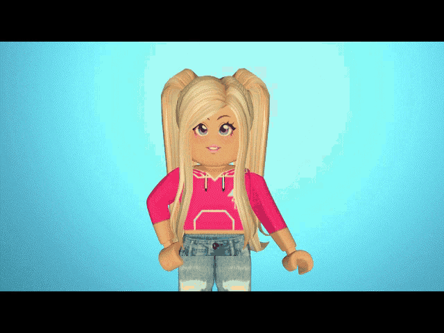 a girl with blonde hair is wearing a pink hoodie and blue jeans