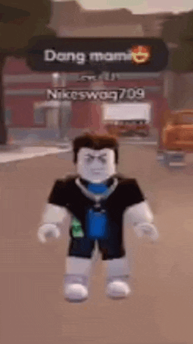 a roblox character is standing in front of a building and a sign that says dang mama .