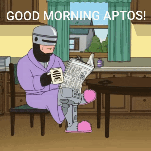 a cartoon of a man reading a newspaper with the words good morning aptos on the bottom