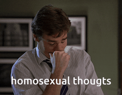 a man in a striped shirt and tie covering his mouth with his hand and the words homosexual thoughts written below him
