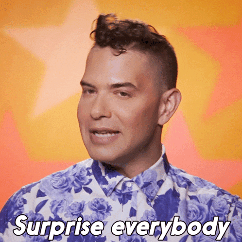 a man in a floral shirt says surprise everybody in white letters