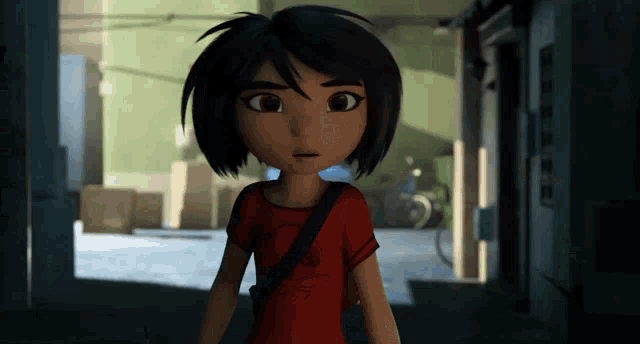 a cartoon girl in a red shirt with a blue strap