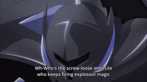 a robot with purple eyes and the words wh-who 's the screw loose imbecile who keeps firing explosion magic