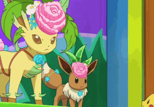 a couple of cartoon eevees standing next to each other wearing flowers on their heads .