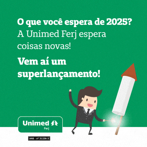 an advertisement for unimed ferj with a cartoon man holding a firework rocket