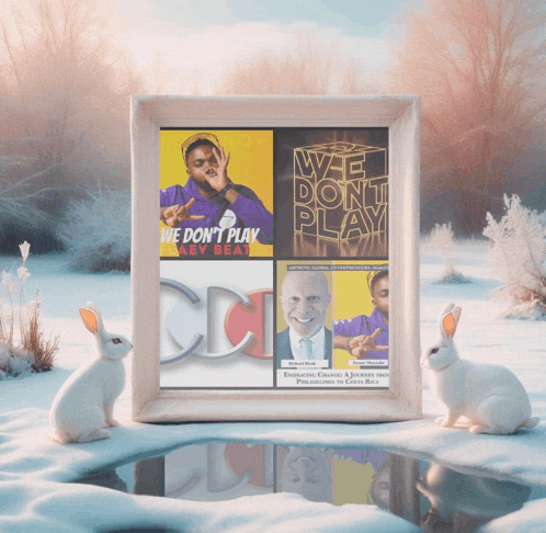 two white rabbits are sitting in front of a framed poster that says we don 't play