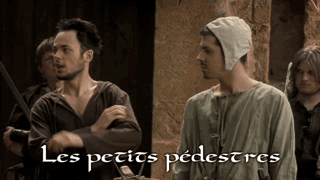 a group of men are standing next to each other with the words les petits pedestres written on the bottom
