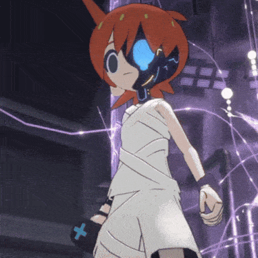 a cartoon character is wrapped in bandages and has a blue cross on her wrist