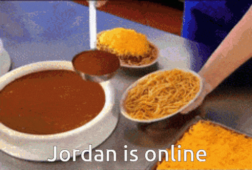 a person pouring sauce into a bowl of chili with the words jordan is online above it