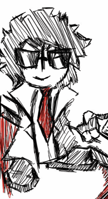 a black and white drawing of a person with glasses and a red tie