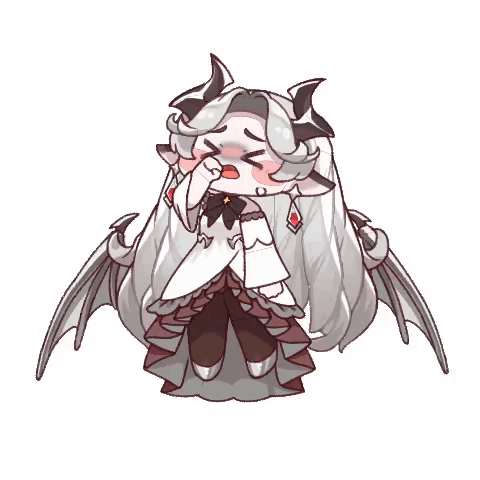 a cartoon drawing of a demon girl with long white hair and horns covering her mouth with her hand .