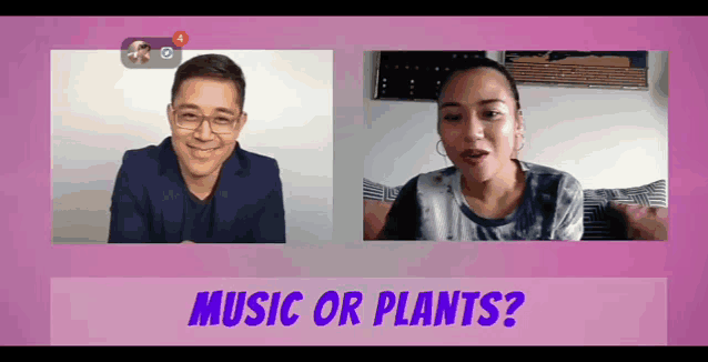 a man and a woman on a video call with the words music or plants