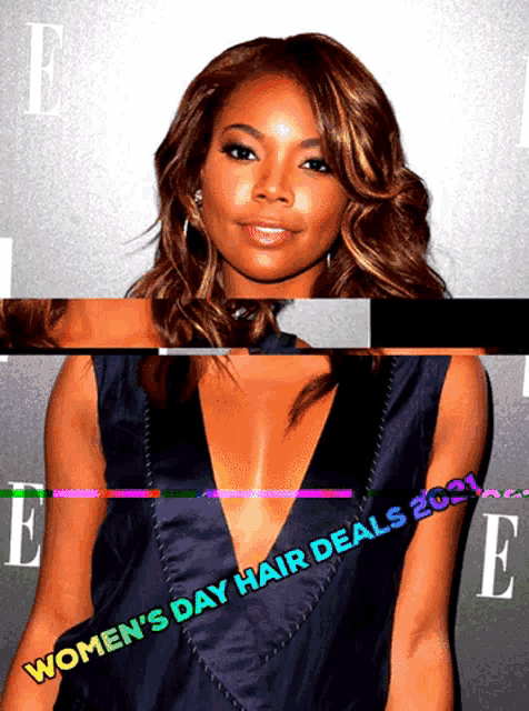a woman with a plunging neckline is advertising women 's day hair deals