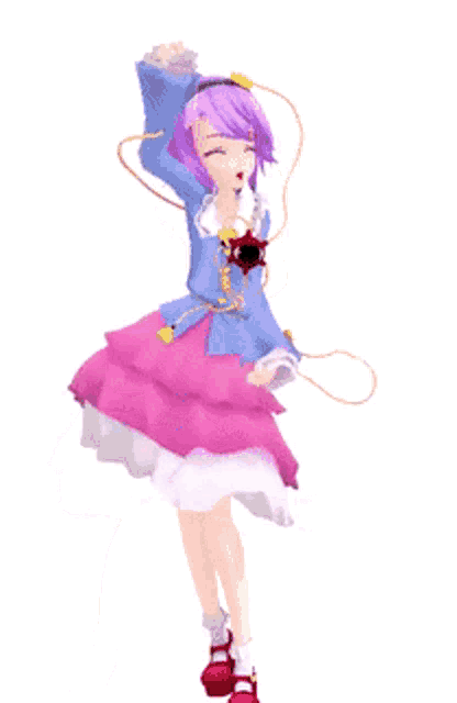 a girl with purple hair is wearing a pink skirt and a blue jacket