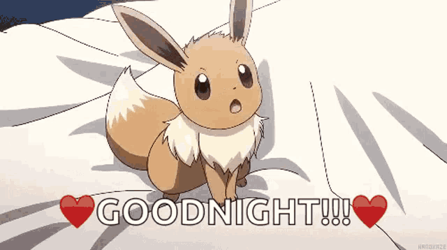 a cartoon eevee is sitting on a bed and says goodnight !