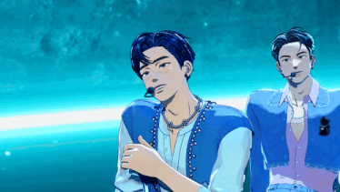 a cartoon drawing of two men in blue shirts