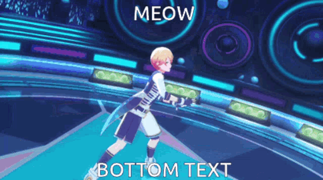 a video game character is dancing on a stage with the words meow bottom text above him
