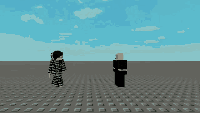 a person in a black and white outfit is standing on a gray tile floor