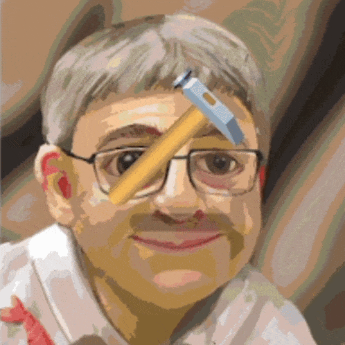 a man with glasses has a hammer on his head