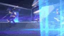 a person is standing in front of a blue cube .