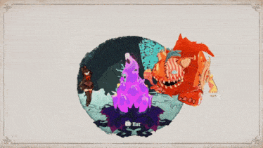 a painting of a dragon surrounded by purple and orange objects
